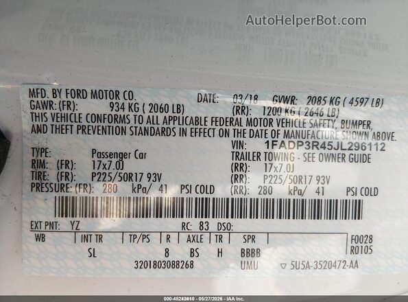 1FADP3R45JL296112 2018 FORD FOCUS ELECTRIC White 