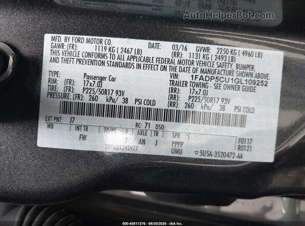 1FADP5CU1GL109252 2016 FORD C-MAX ENERGI Gray Widok komory silnika