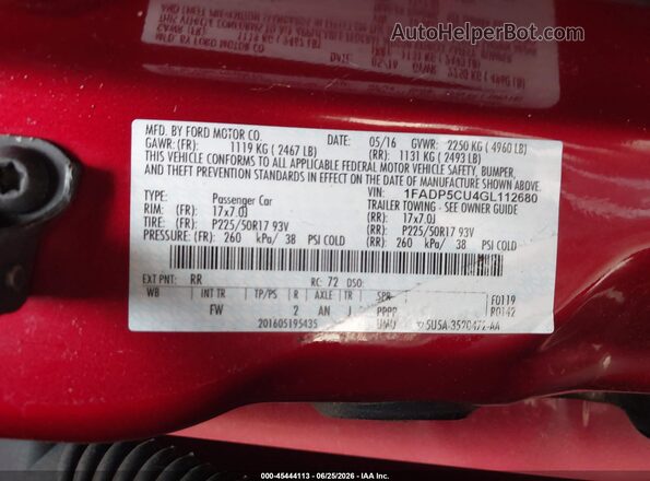 1FADP5CU4GL112680 2016 FORD C-MAX ENERGI Red Widok komory silnika
