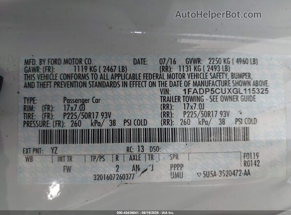 1FADP5CUXGL115325 2016 FORD C-MAX ENERGI White 