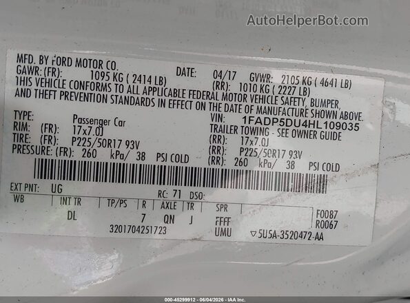 1FADP5DU4HL109035 2017 FORD C-MAX HYBRID White Engine compartment view