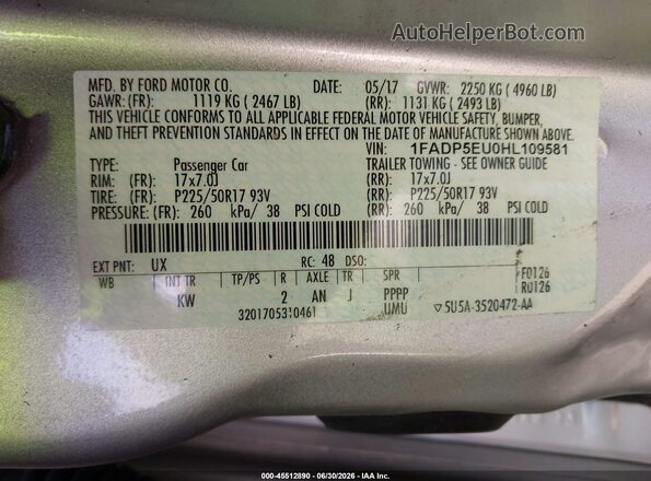 1FADP5EU0HL109581 2017 FORD C-MAX ENERGI Silver Vista del compartimento del motor