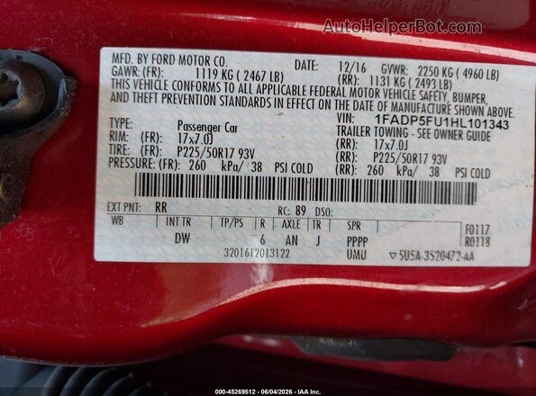 1FADP5FU1HL101343 2017 FORD C-MAX ENERGI Red Շարժիչի բաժամունքի տեսք