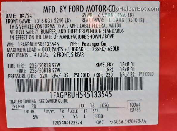 1FAGP8UH5R5133545 2024 FORD MUSTANG Red Engine compartment view