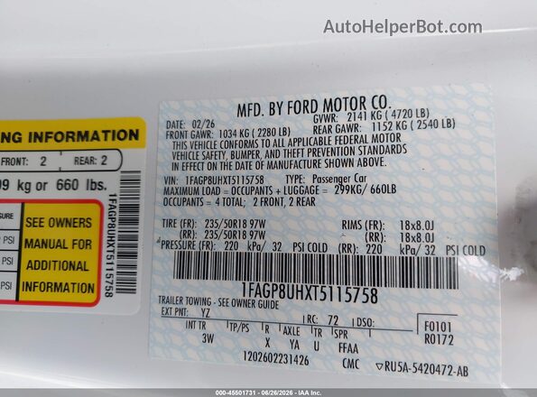 1FAGP8UHXT5115758 2026 FORD MUSTANG White Շարժիչի բաժամունքի տեսք