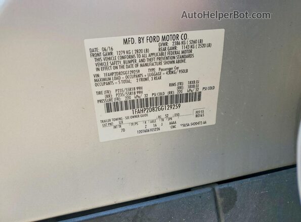 1FAHP2D82GG129259 2016 FORD TAURUS Silver Вид підкапотного простору