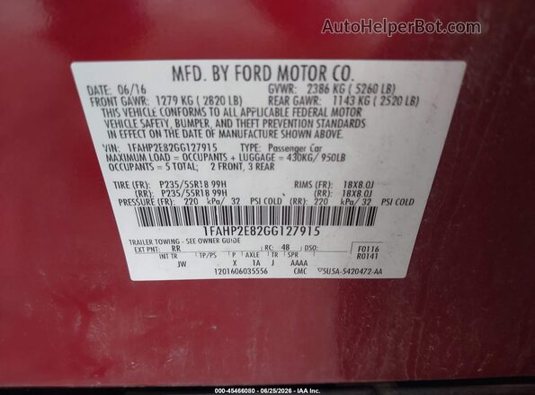 1FAHP2E82GG127915 2016 FORD TAURUS Red Vista del compartimento del motor