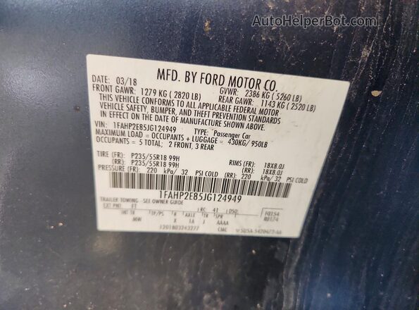 1FAHP2E85JG124949 2018 FORD TAURUS Blue 