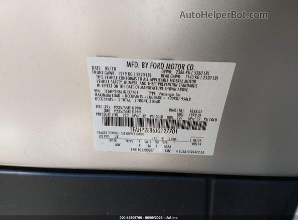 1FAHP2E86JG127701 2018 FORD TAURUS Silver Вид підкапотного простору