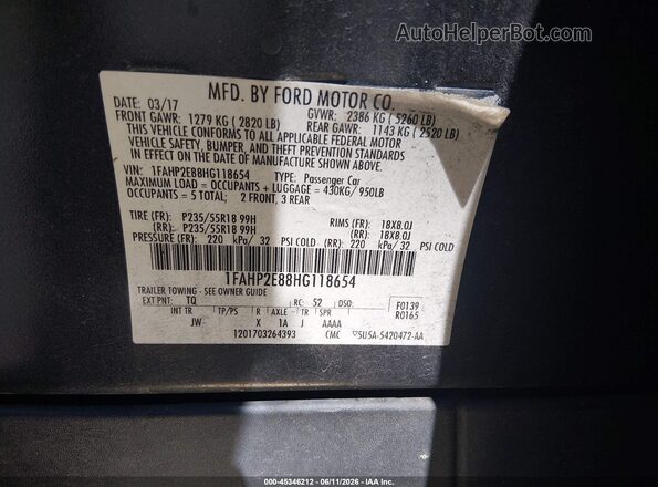 1FAHP2E88HG118654 2017 FORD TAURUS Black Vista del compartimento del motor