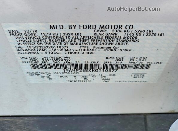 1FAHP2E8XKG110577 2019 FORD TAURUS White VIN sticker view