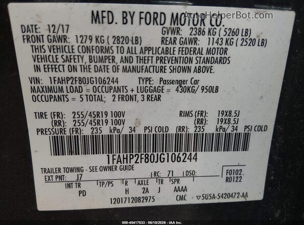 1FAHP2F80JG106244 2018 FORD TAURUS Gray Շարժիչի բաժամունքի տեսք