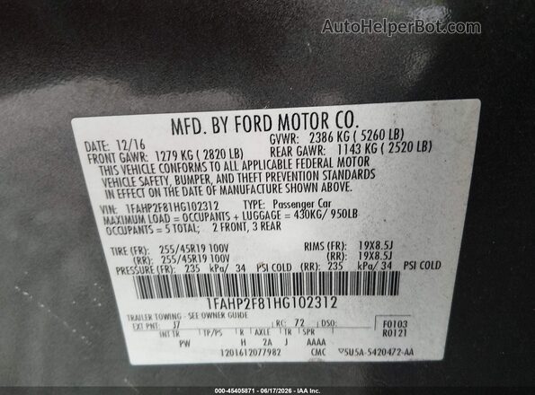 1FAHP2F81HG102312 2017 FORD TAURUS Gray ძრავის განყოფილების ხედი