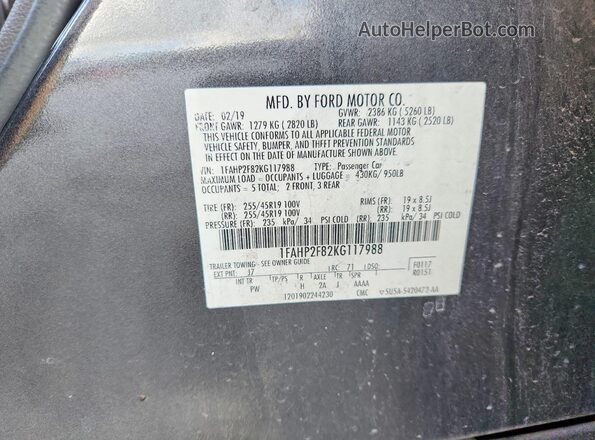 1FAHP2F82KG117988 2019 FORD TAURUS Серый Вид наклейки с VIN-кодом