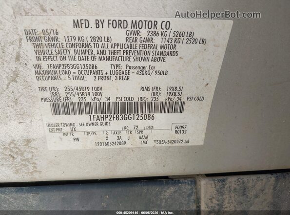 1FAHP2F83GG125086 2016 FORD TAURUS Silver Vista del compartimento del motor