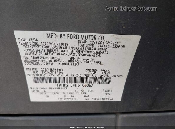 1FAHP2F84HG102367 2017 FORD TAURUS Серый Вид подкапотного пространства