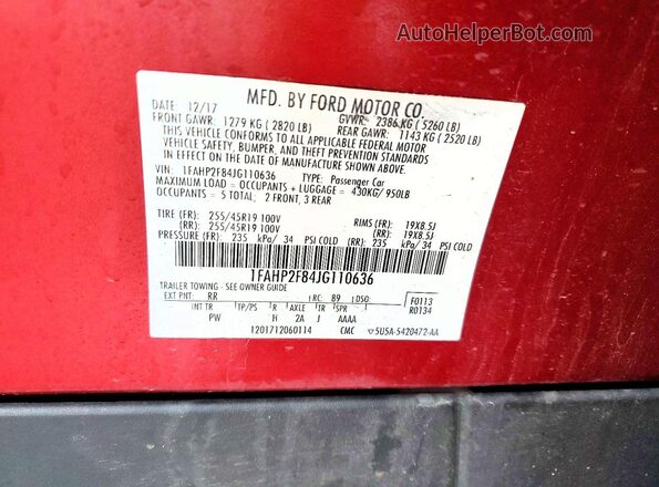 1FAHP2F84JG110636 2018 FORD TAURUS Красный Вид наклейки с VIN-кодом