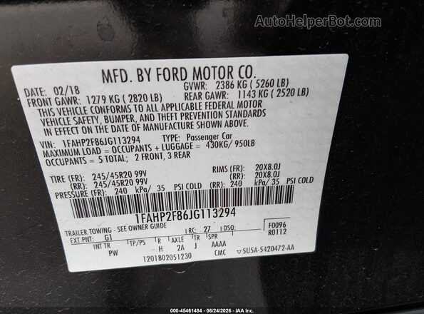 1FAHP2F86JG113294 2018 FORD TAURUS Black ძრავის განყოფილების ხედი