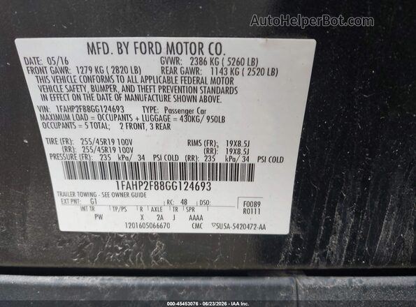 1FAHP2F88GG124693 2016 FORD TAURUS Black Vista del compartimento del motor