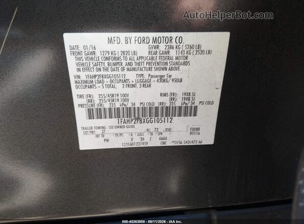 1FAHP2F8XGG105112 2016 FORD TAURUS Gray Engine compartment view