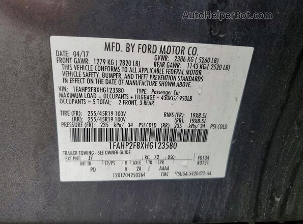 1FAHP2F8XHG123580 2017 FORD TAURUS Gray Widok naklejki z numerem VIN