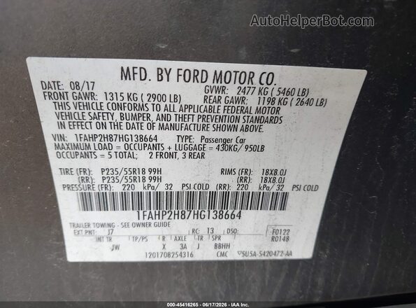 1FAHP2H87HG138664 2017 FORD TAURUS Gray 