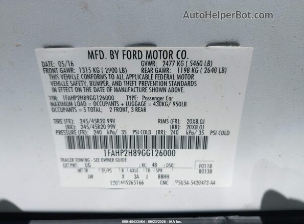 1FAHP2H89GG126000 2016 FORD TAURUS White ძრავის განყოფილების ხედი