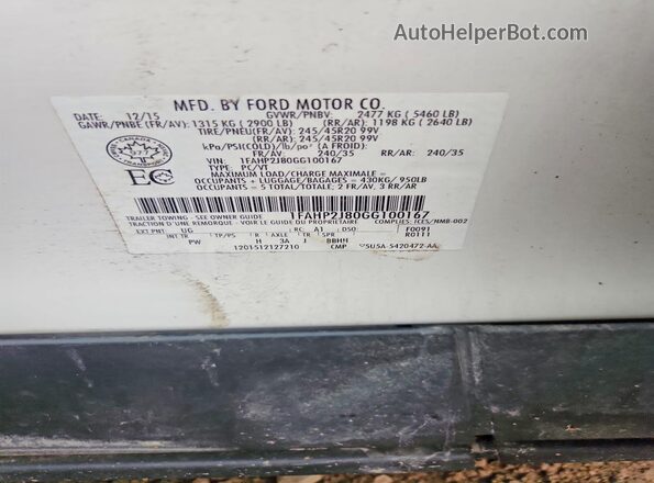 1FAHP2J80GG100167 2016 FORD TAURUS Белый Вид подкапотного пространства