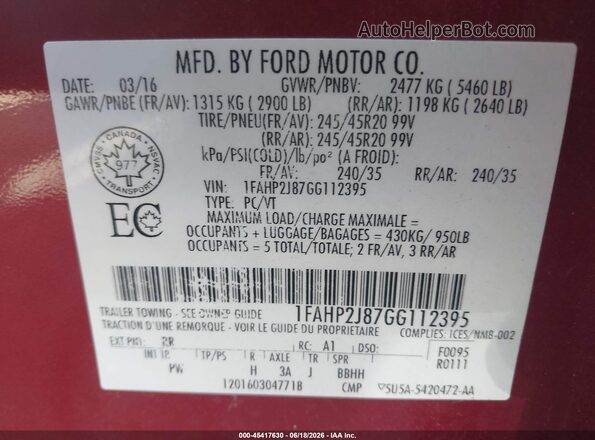 1FAHP2J87GG112395 2016 FORD TAURUS Maroon Вид підкапотного простору