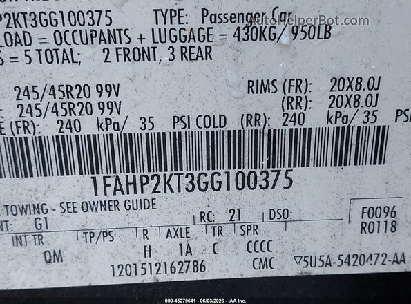 1FAHP2KT3GG100375 2016 FORD TAURUS Black Vista del compartimento del motor
