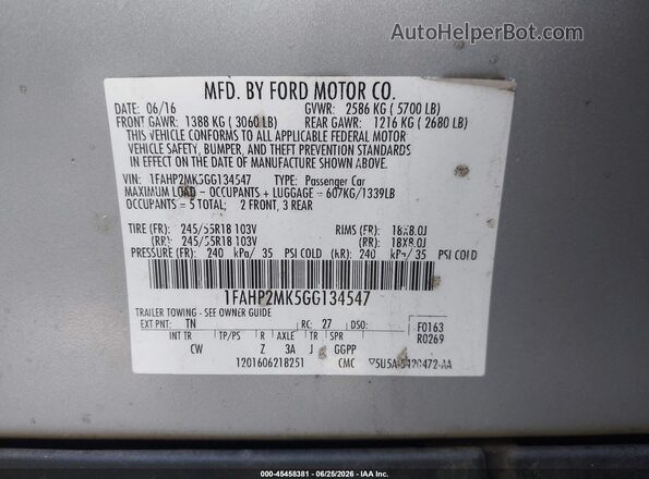 1FAHP2MK5GG134547 2016 FORD POLICE INTERCEPTOR Silver Вид підкапотного простору
