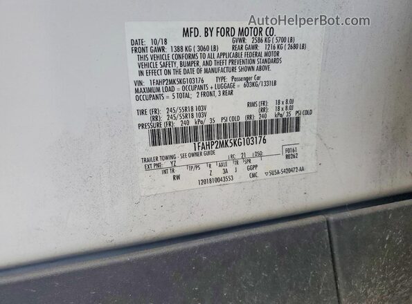1FAHP2MK5KG103176 2019 FORD TAURUS White 