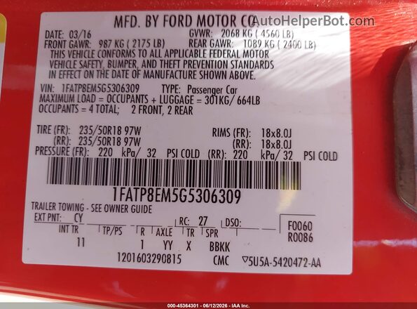 1FATP8EM5G5306309 2016 FORD MUSTANG Orange Widok komory silnika