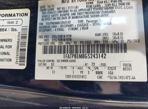1FATP8EM8G5243142 2016 FORD MUSTANG Black Widok komory silnika