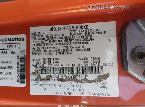 1FATP8EM9G5274531 2016 FORD MUSTANG Orange Vista del compartimento del motor