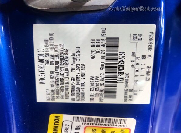 1FATP8EMXH5345964 2017 FORD MUSTANG Blue Вид підкапотного простору