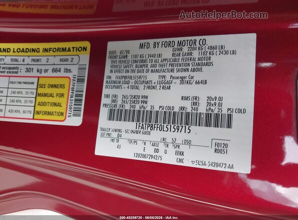 1FATP8FF0L5159715 2020 FORD MUSTANG Red Engine compartment view