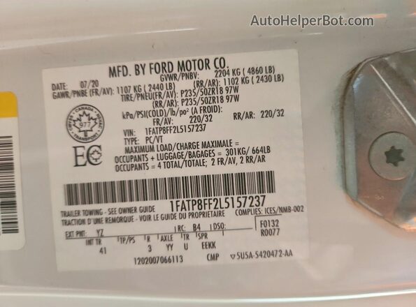 1FATP8FF2L5157237 2020 FORD MUSTANG White Engine compartment view