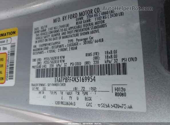 1FATP8FF4K5169954 2019 FORD MUSTANG Silver Widok komory silnika