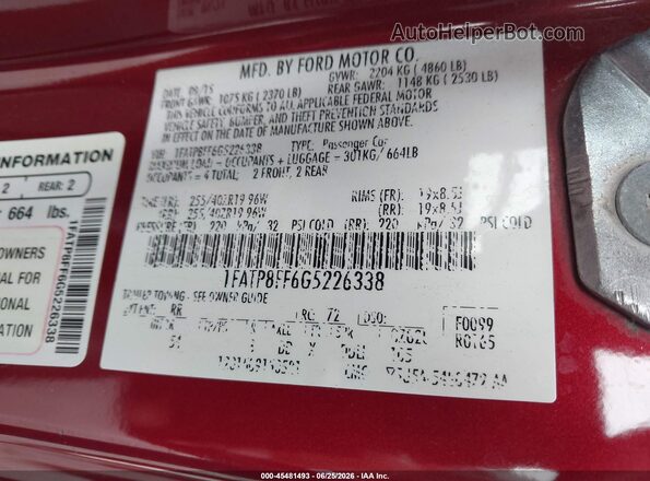 1FATP8FF6G5226338 2016 FORD MUSTANG Red ძრავის განყოფილების ხედი