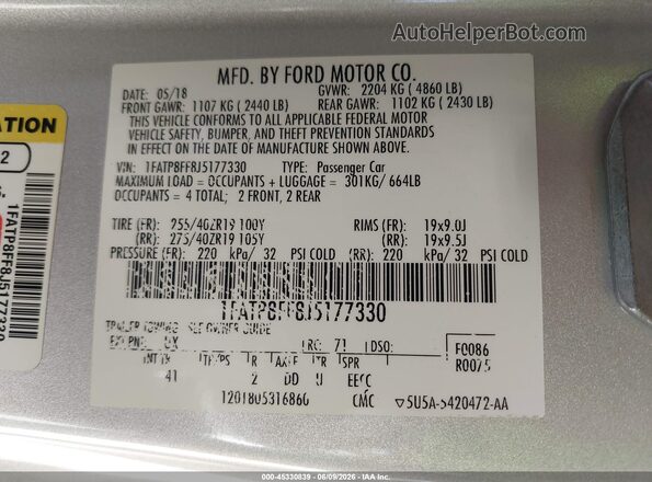 1FATP8FF8J5177330 2018 FORD MUSTANG Silver 