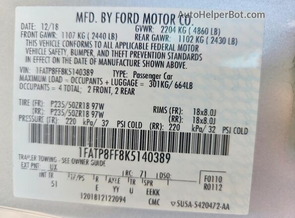 1FATP8FF8K5140389 2019 FORD MUSTANG Silver Vista de la etiqueta del VIN