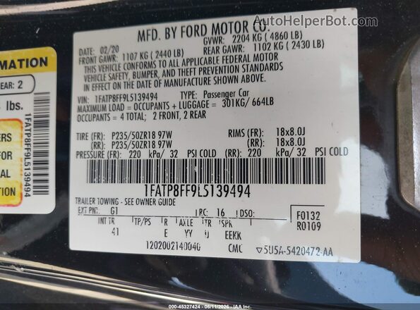 1FATP8FF9L5139494 2020 FORD MUSTANG Black Вид підкапотного простору
