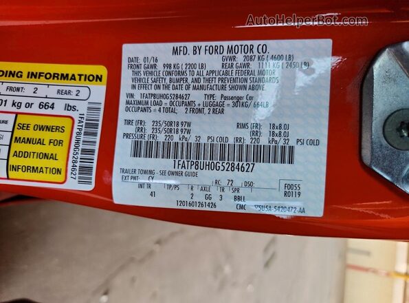 1FATP8UH0G5284627 2016 FORD MUSTANG Orange 