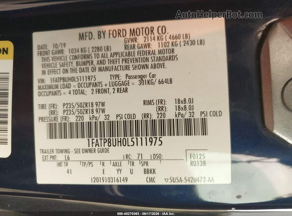 1FATP8UH0L5111975 2020 FORD MUSTANG Dark Blue Widok komory silnika