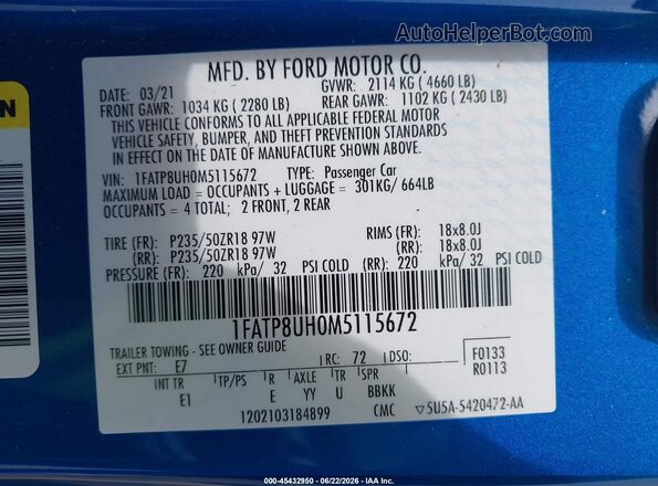 1FATP8UH0M5115672 2021 FORD MUSTANG Blue Widok komory silnika