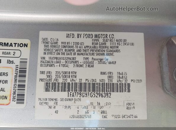 1FATP8UH1G5296382 2016 FORD MUSTANG Серебряный Вид подкапотного пространства