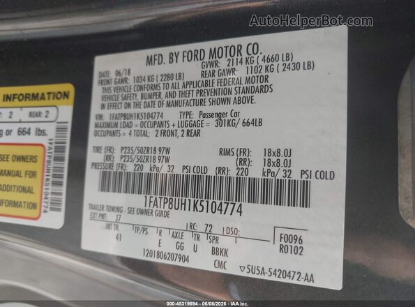 1FATP8UH1K5104774 2019 FORD MUSTANG Black ძრავის განყოფილების ხედი