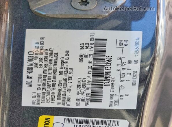 1FATP8UH1K5135698 2019 FORD MUSTANG Серый 