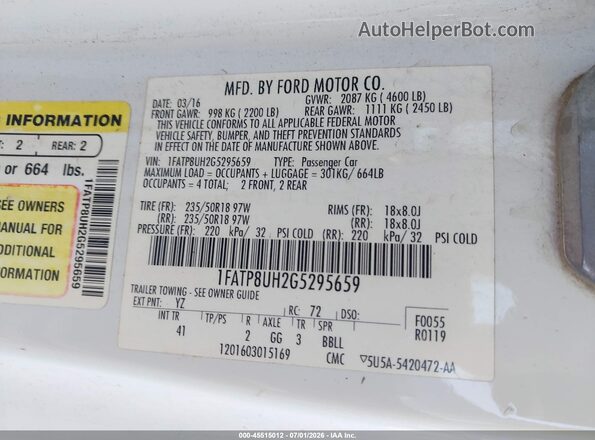 1FATP8UH2G5295659 2016 FORD MUSTANG White ძრავის განყოფილების ხედი